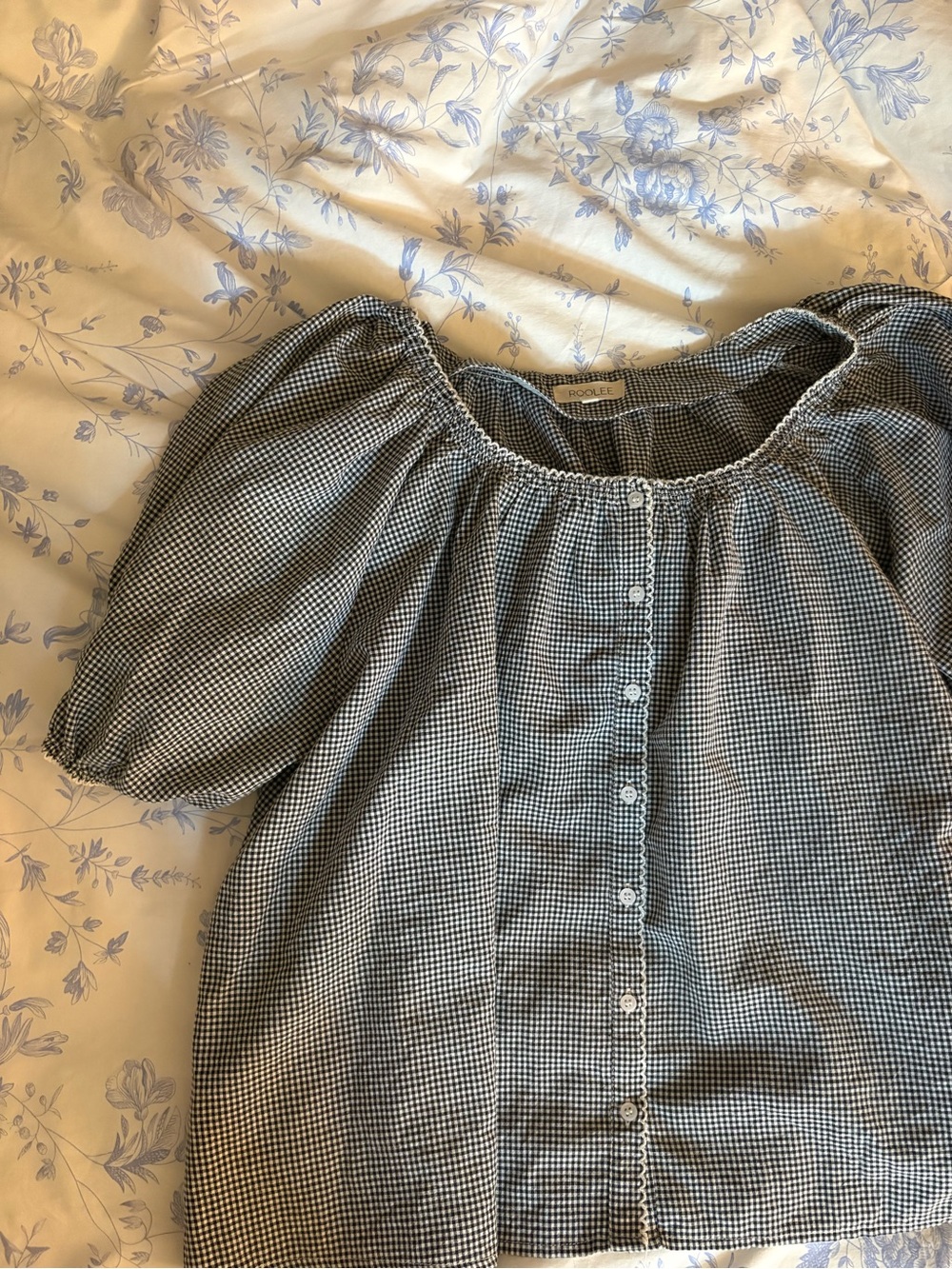 Roolee Black and White Gingham Puff-Sleeve Button-Front Top